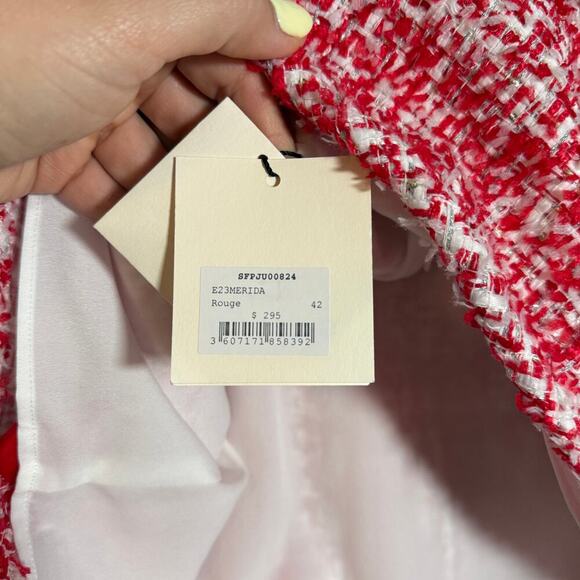 Sandro Paris Red White Tweed Mini Skirt FR 42 US 10 Bouclé Holiday Workwear - Picture 9 of 11